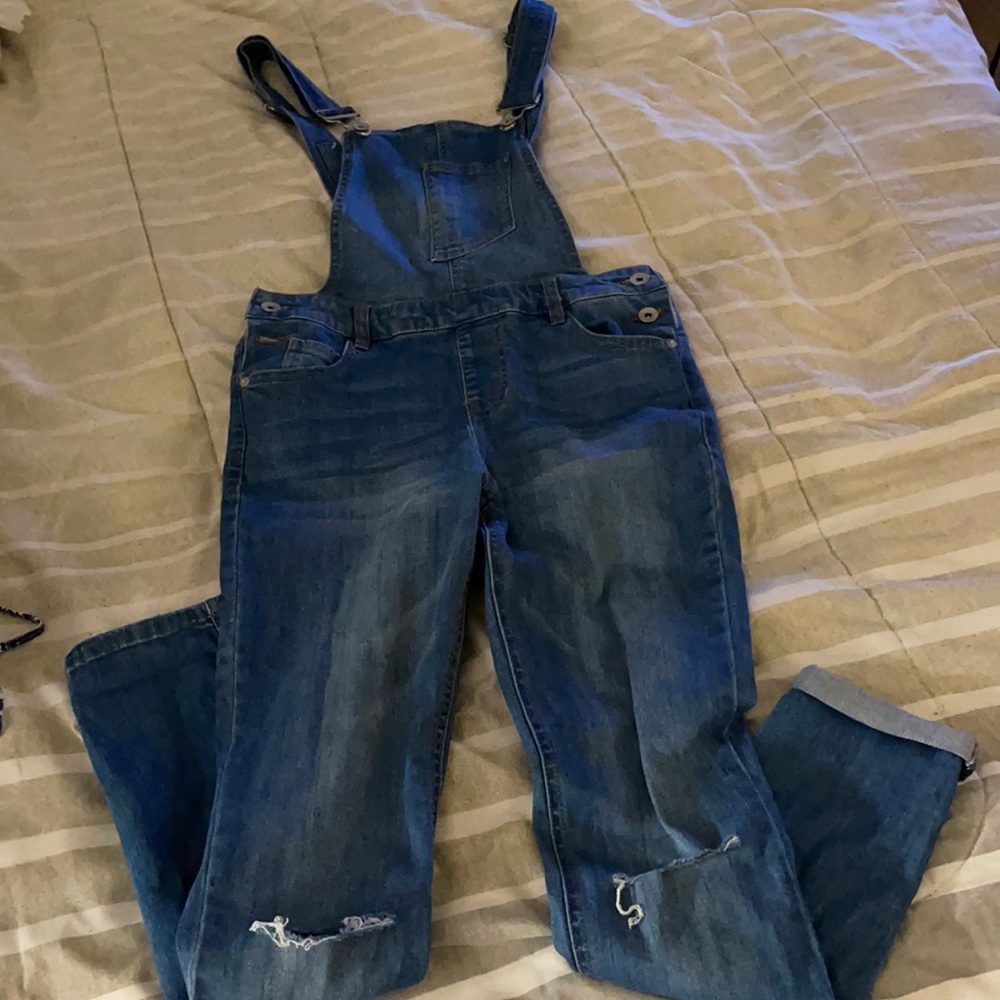 Ripped straight jean overalls